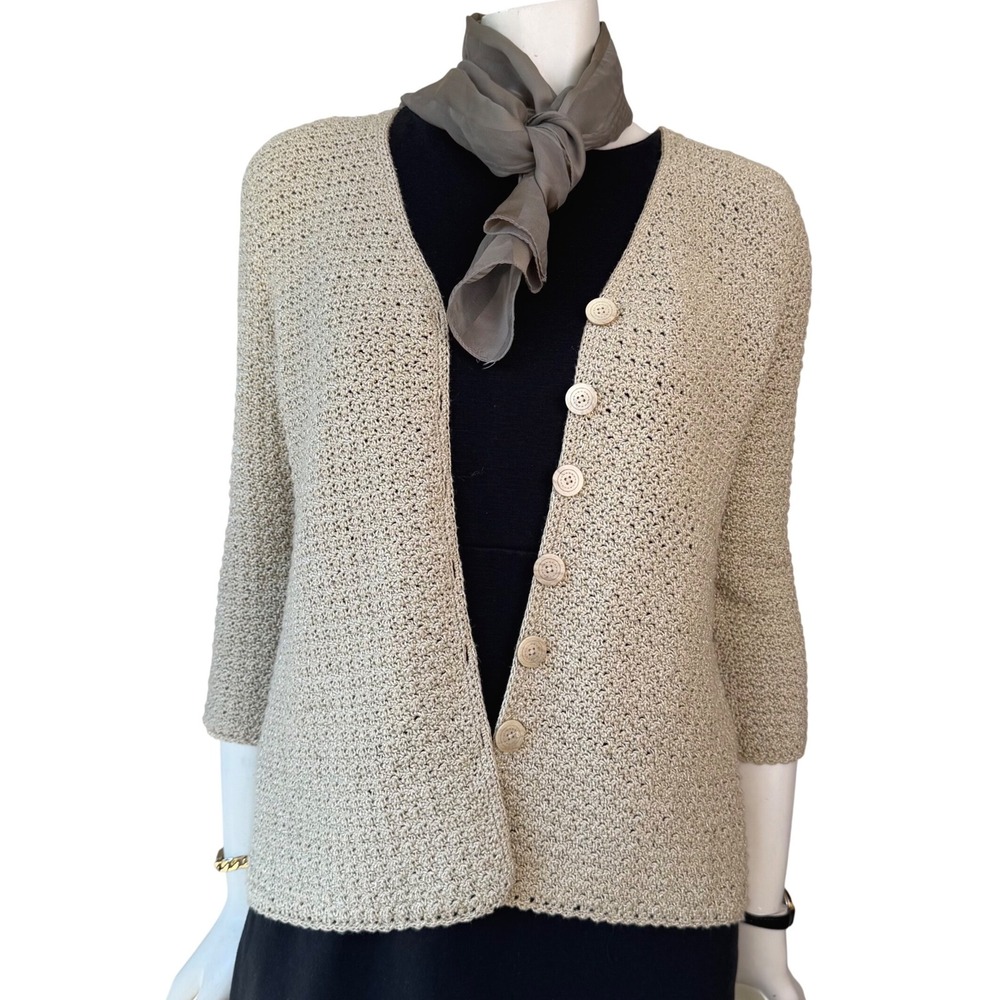 Beige‎ Crochet Button Up Cardigan Jacket VNeck Lace Back Scalloped Hem Grandma S